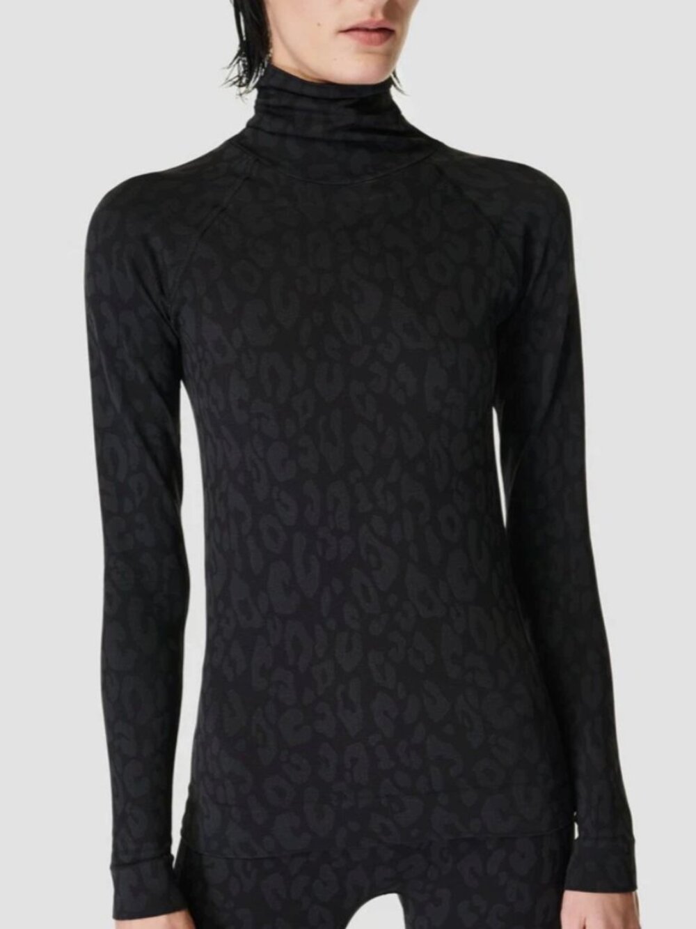 NWOT SWEATY BETTY Black & Gray Leopard Jacquard Base Layer Turtleneck Top 8